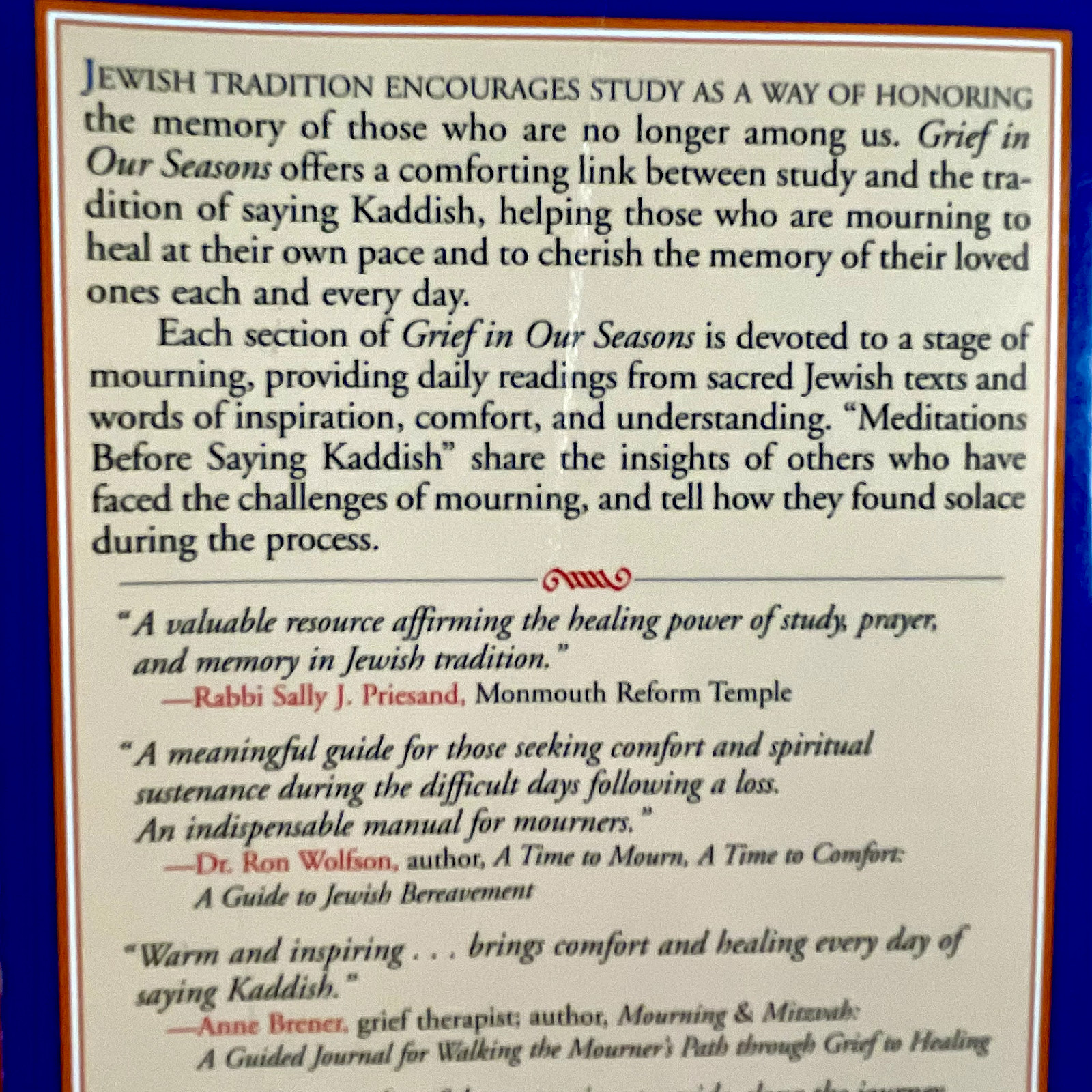 GRIEF IN OUR SEASONS Mourners Kaddish Companion by Rabbi Olitzky: Offers Welcome