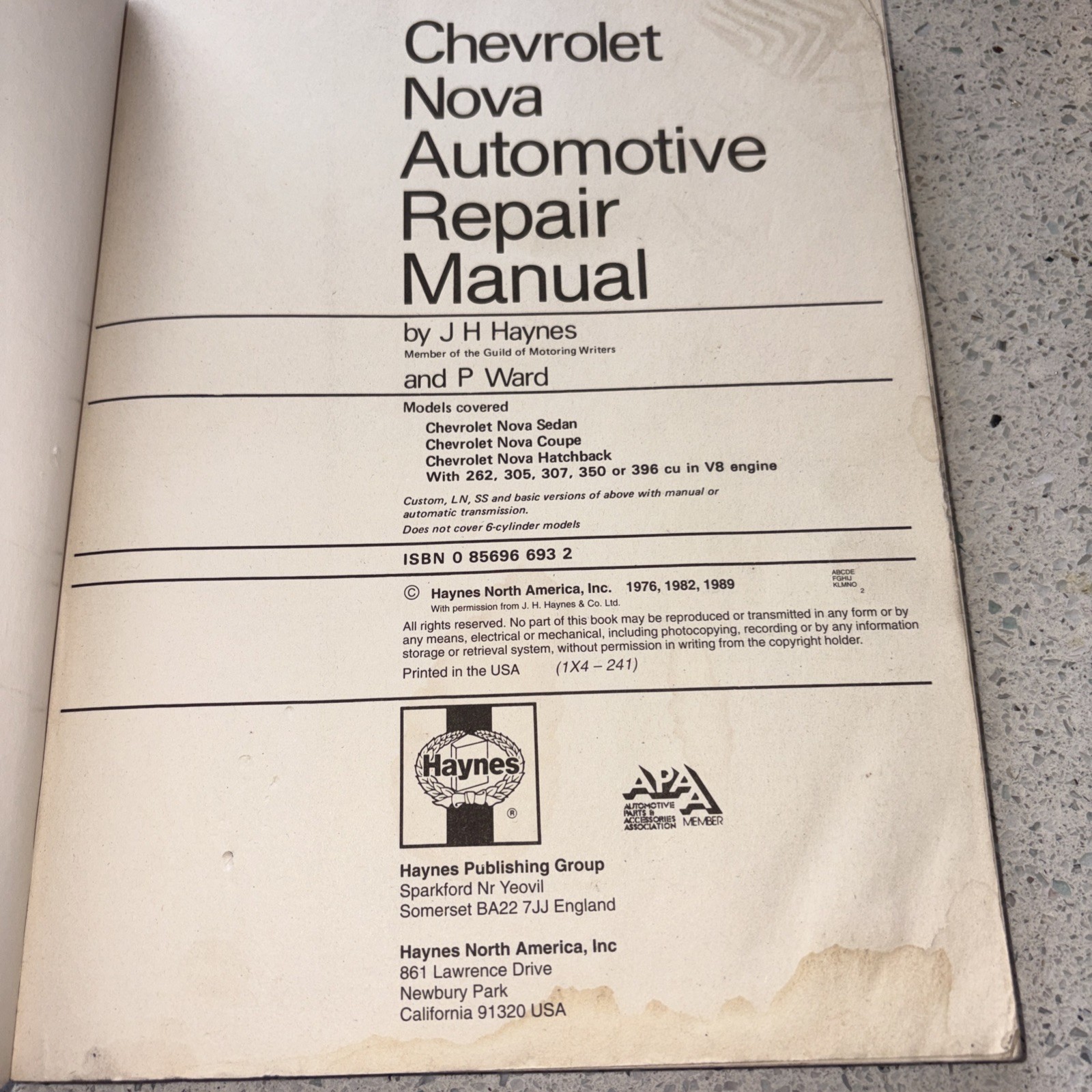 Haynes Chevrolet Nova/All V8 Models/262/305/307/350/396 1969-1979 Repair Manual