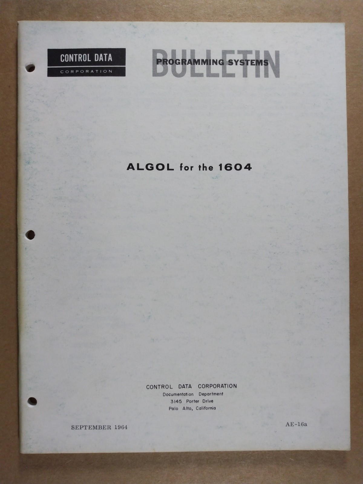 ALGOL for the 1604 Computer Control Data 1964