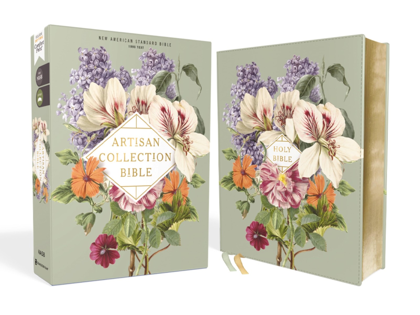 NASB, Artisan Collection Bible, Leathersoft, Sage Floral, Red Letter, 1995 T…