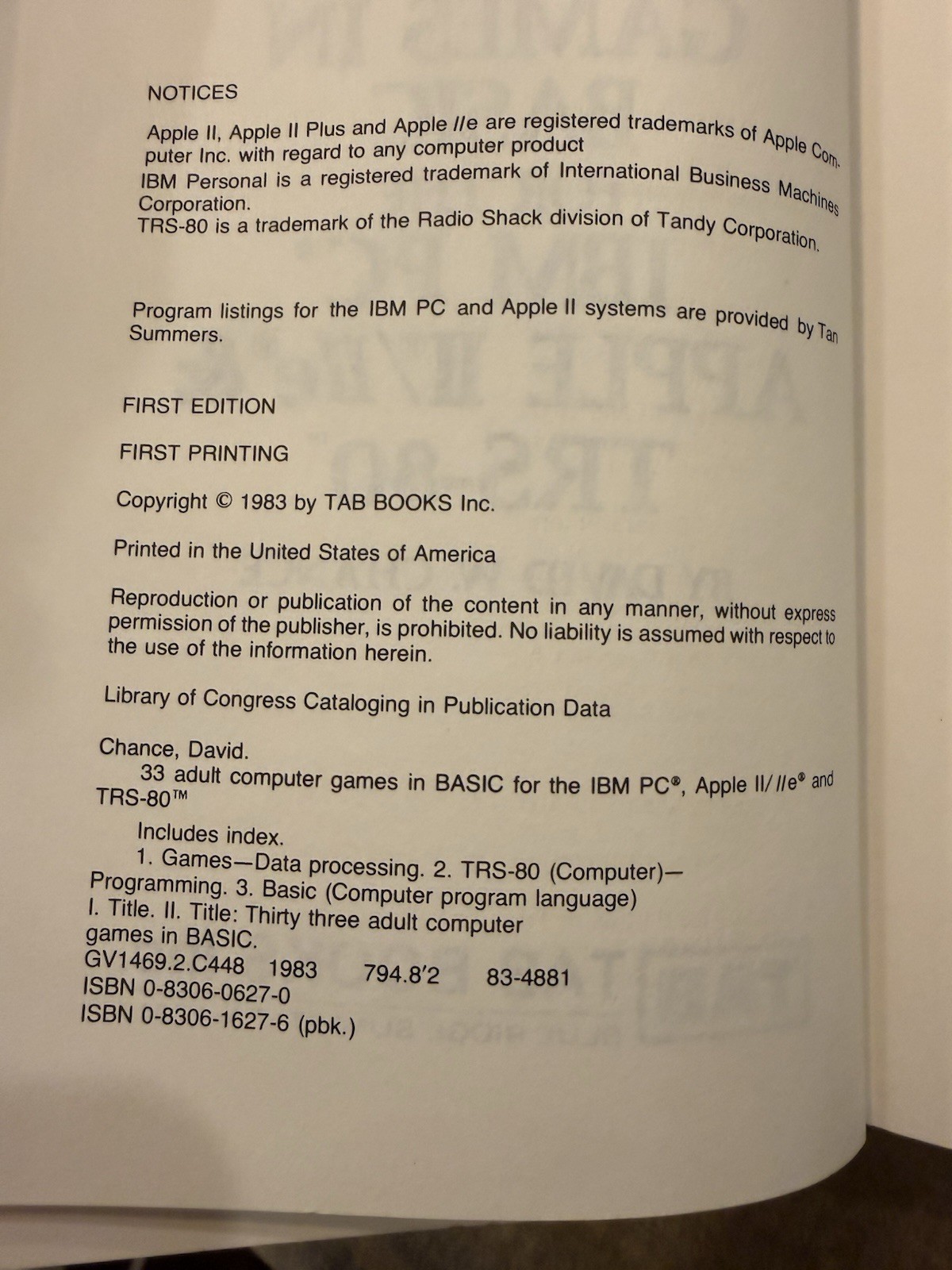 33 ADULT COMPUTER GAMES IN BASIC FOR THE IBM PC, APPLE By David Chance