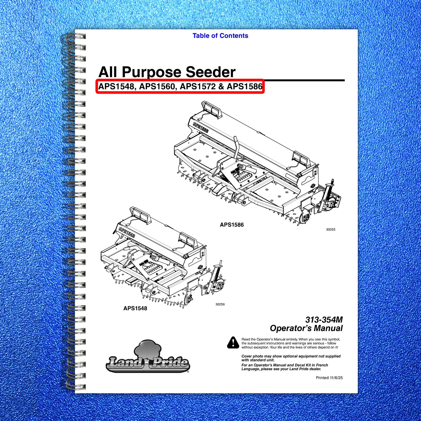 LAND PRIDE APS15 Series All Purpose Seeders Operators Manual – WIRE BOUND