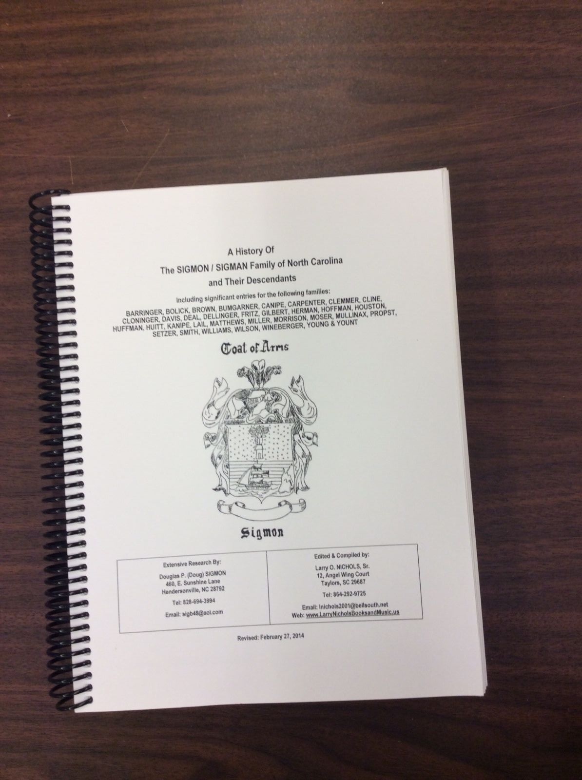 A History of the Sigmon/Sigman Family of NC & Their Descendants, genealogy