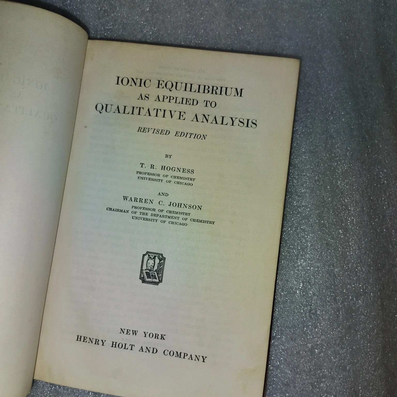 Ionic Equilibrium Qualitative Analysis Hogness Johnson 1947 Revised Edition