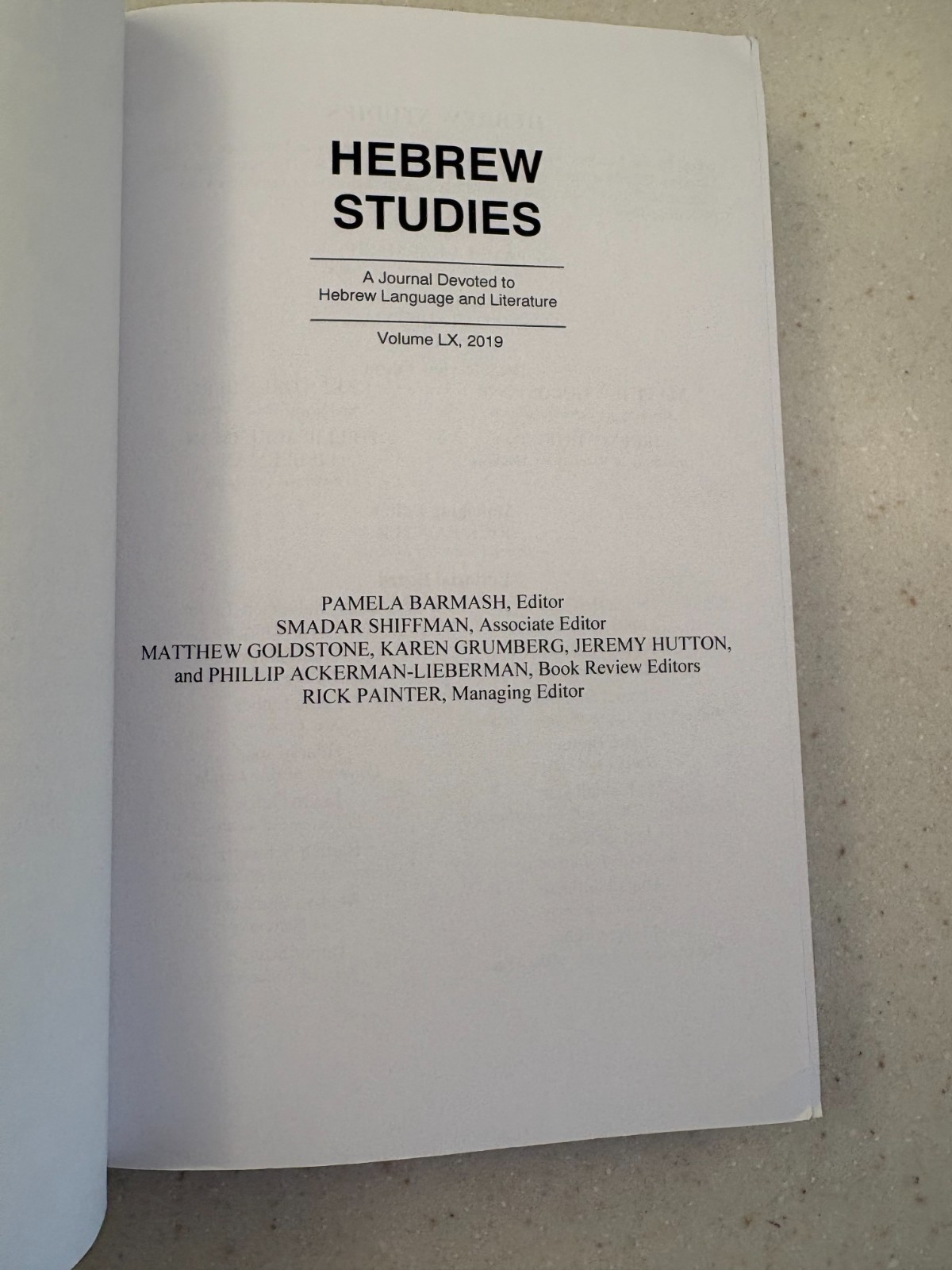 Hebrew Studies: A Journal Devoted to Hebrew Language and Literature, LX (2019)