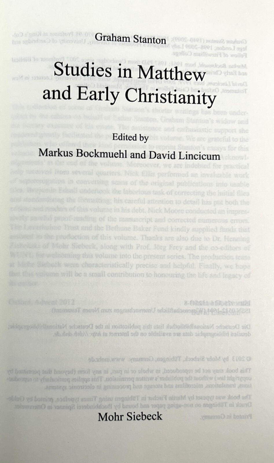 Studies in Matthew & Early Christianity by Graham Stanton 2013 Hardcover