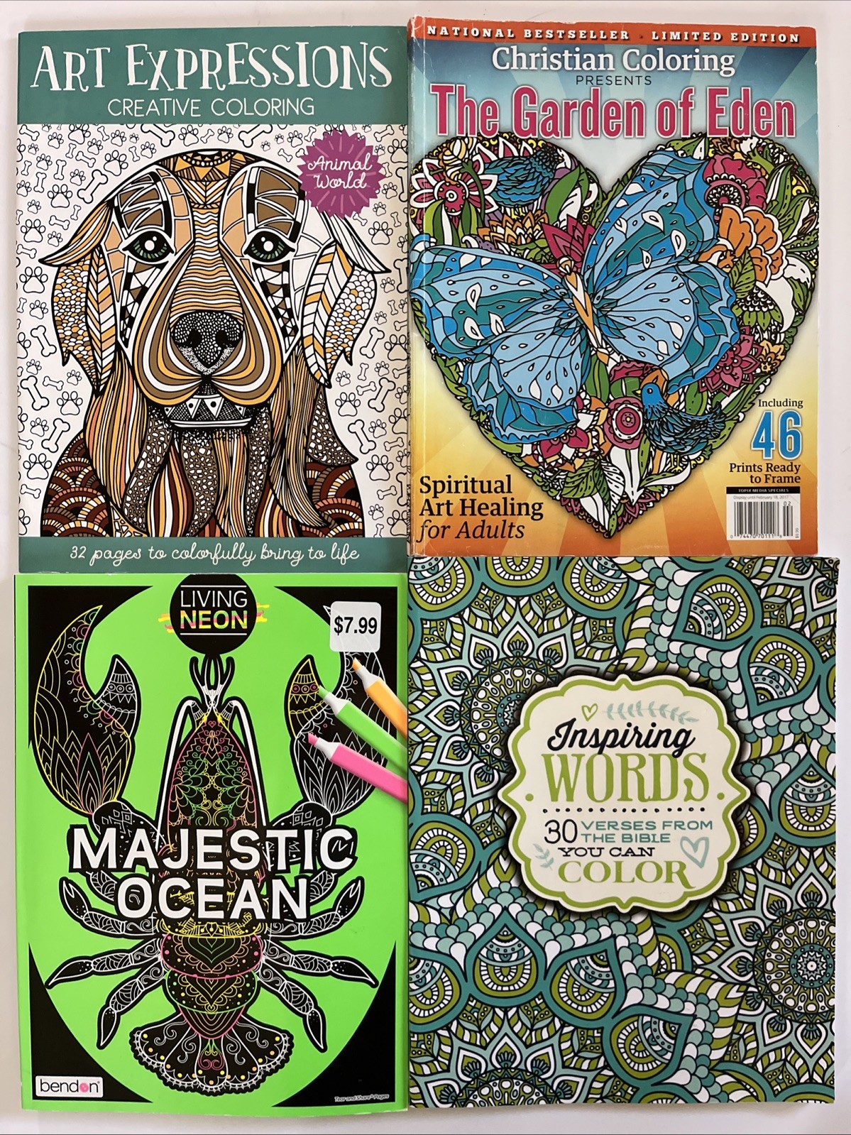 Lot of 4 ADULT COLORING BOOKS Animals Dogs Garden Eden Christian Bible Verses