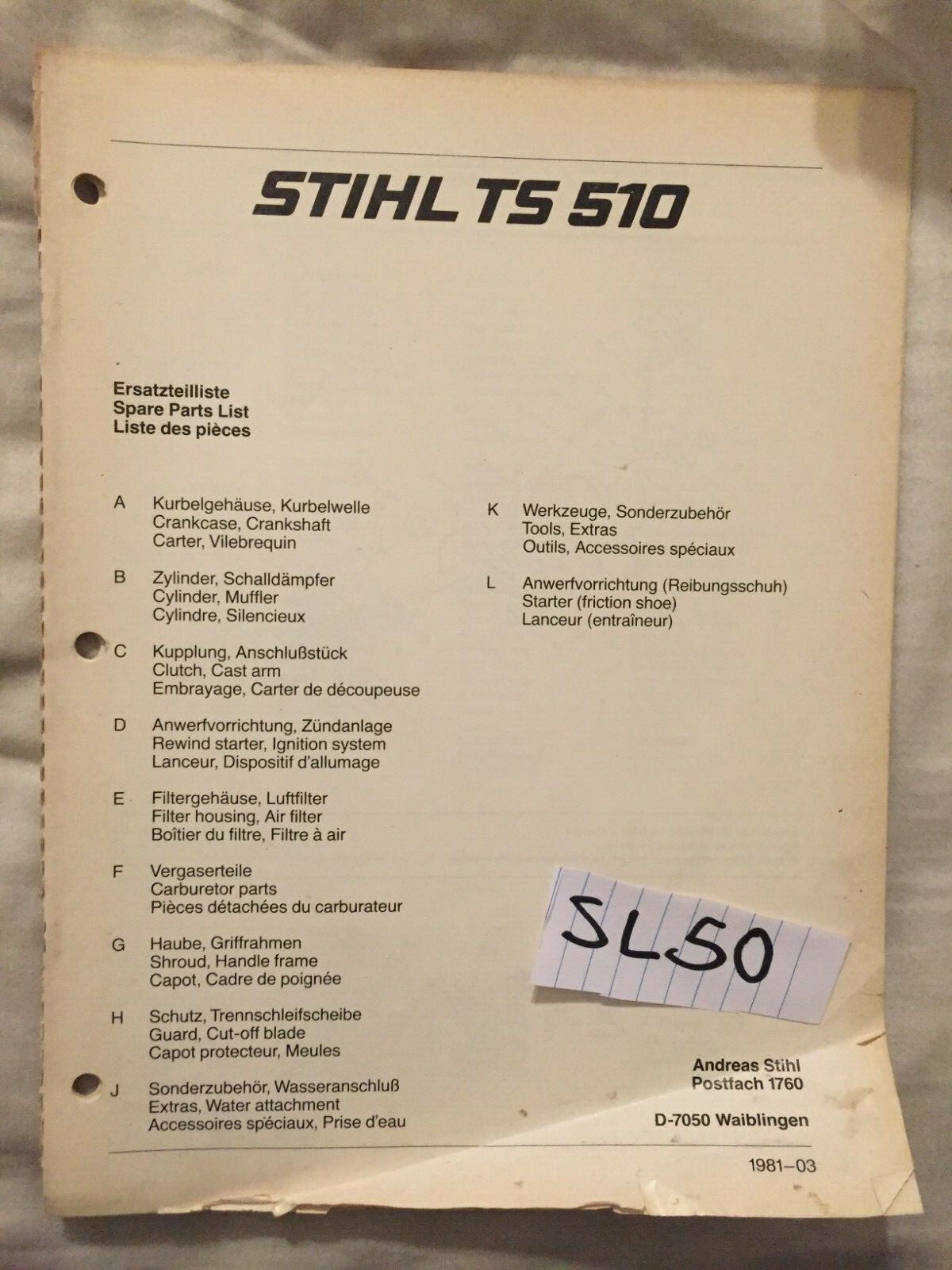 Stihl TS 510 Chainsaw Spare Parts List – Parts Manual – 37 Pages