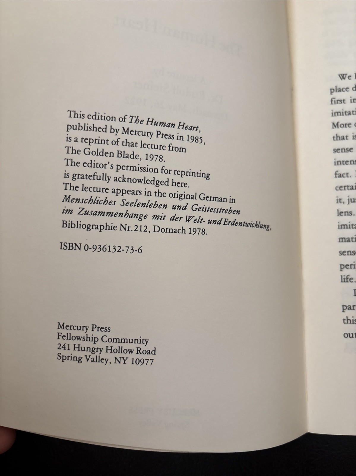 The Human Heart By Rudolf Steiner: 1985 Mercury Press