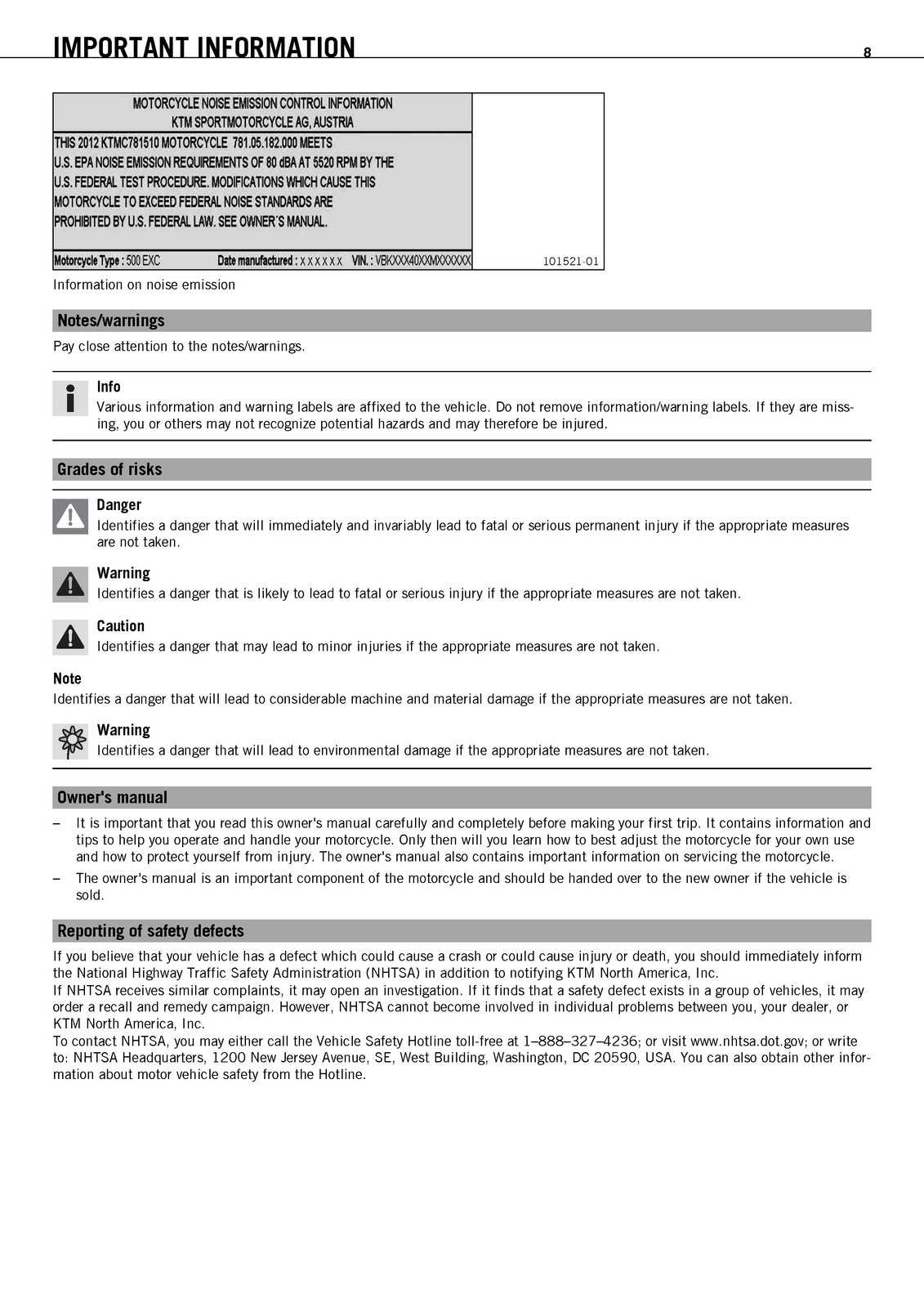 KTM 500 EXC US Motorcycle Owners Manual 2012 – STEEL WIRE BOUND – TOUGH COVERS