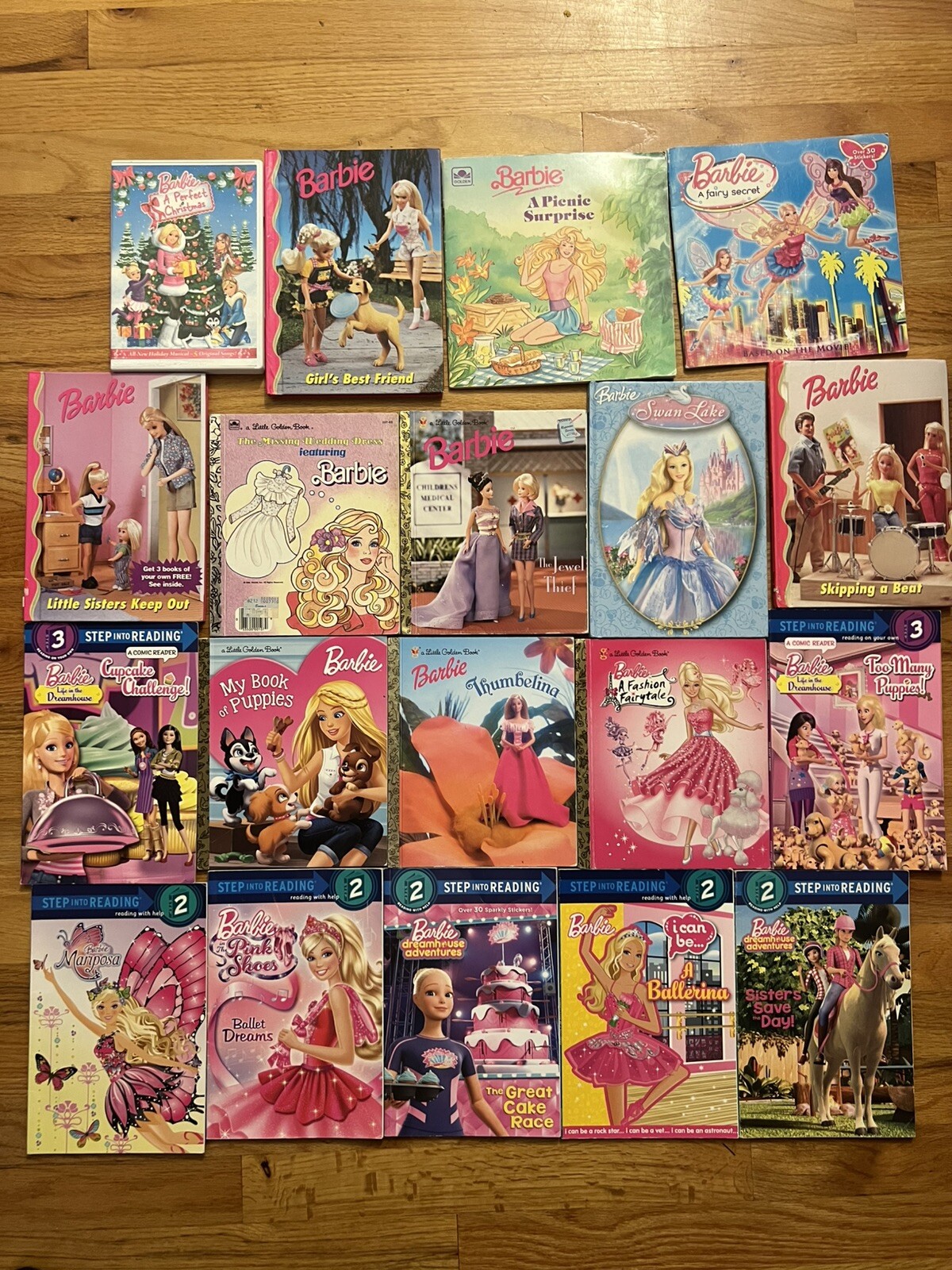 Lot of 19 Barbie: 18 Books, Xmas DVD; Step Reading 2 3; Golden; Fashion, Puppies
